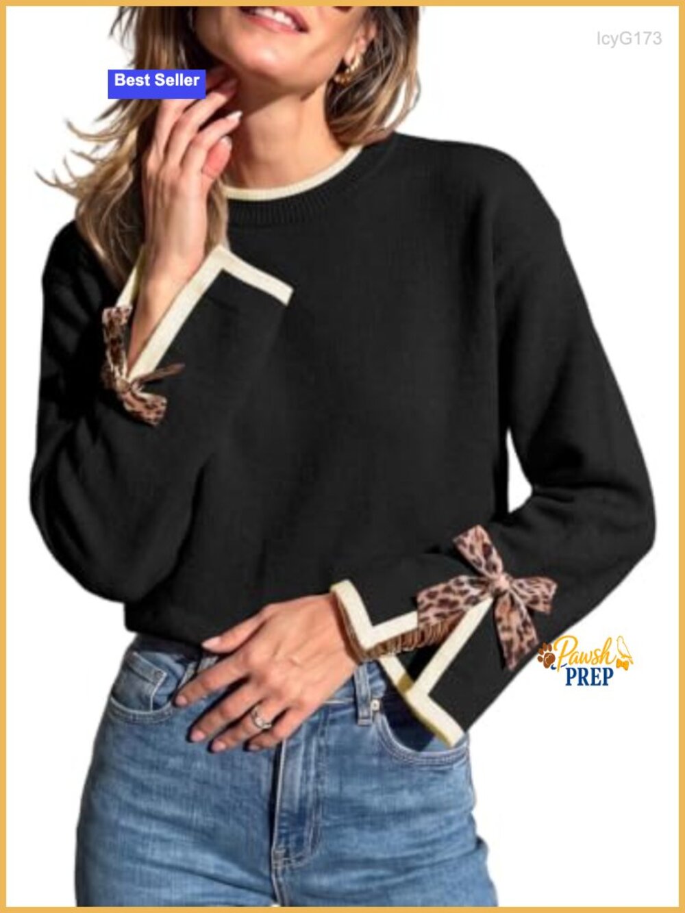 Women's Leopard Print Bow Sweater Crew Neck Knit Pullover Loose Fit Long Sleeve